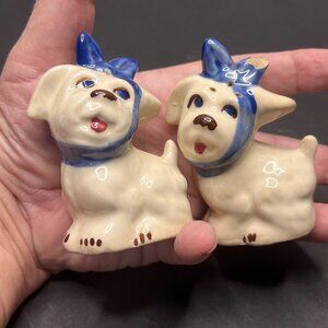 Vintage Ceramic Dog Salt & Pepper Shakers With Blue Bow Design Table Decor Retro